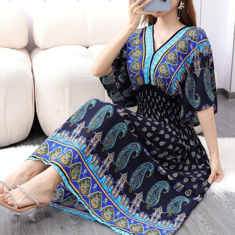 Sweet Countryside Printed Midi Dress V Neck Batwing
