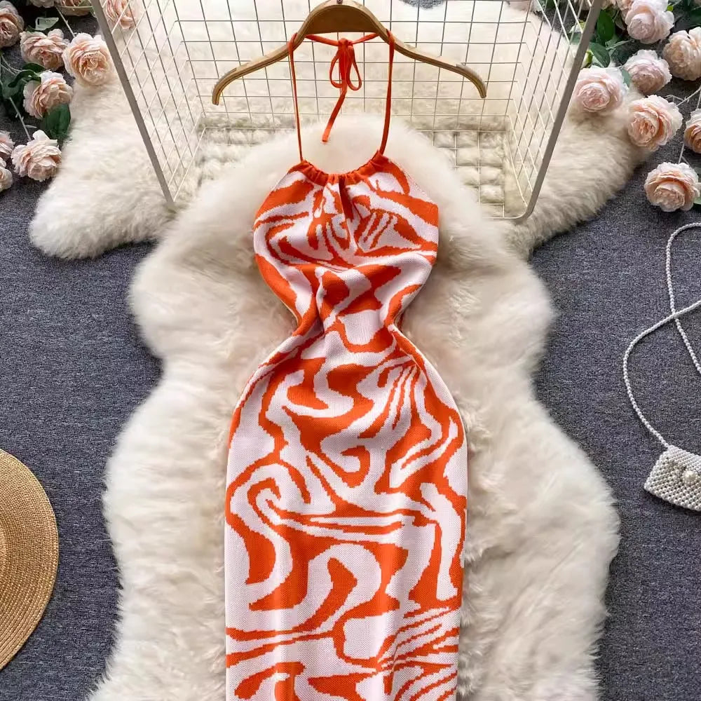 Backless Halter Knit Bodycon Beach Dress For Women Chic