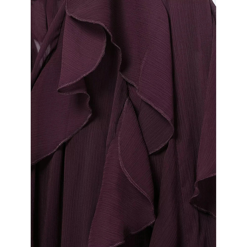 Loose Fit Burgundy Mesh Ruffle Shirt with Flutter Sleeves and Stacked Decorative Design for Women