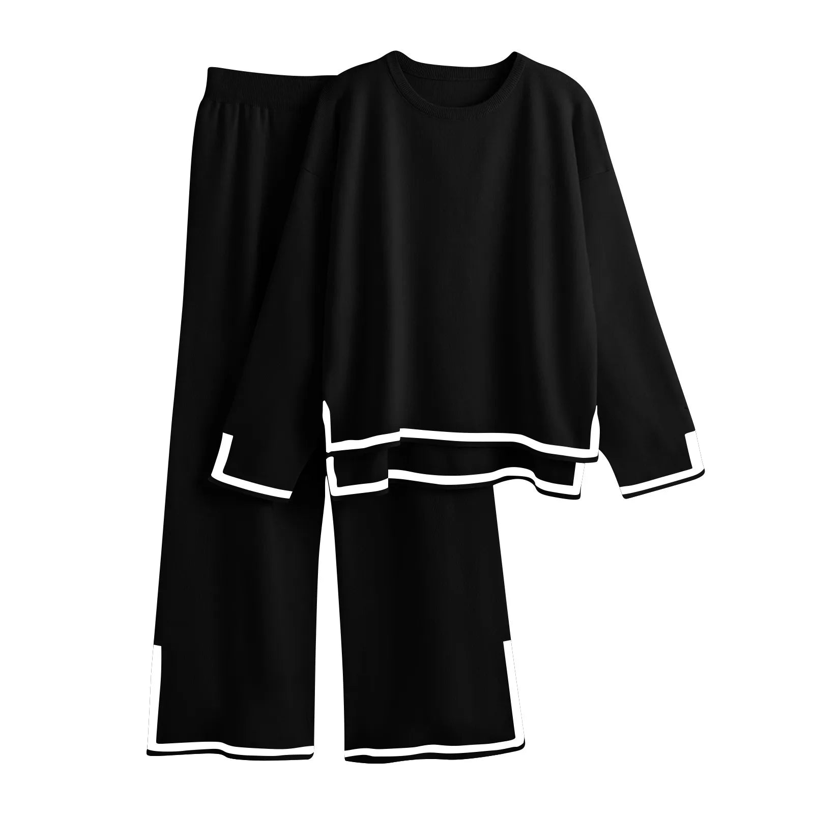 Knitted Women's Casual Two Piece Set with Long Sleeve Sweater and Wide Leg Pants for Comfortable Homewear