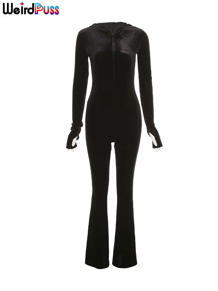 Weird Puss Velvet Zipper Hoodie Jumpsuit for Women Long Sleeve Skinny Stretchy Fitness Activewear Autumn Trend Hot Street Outfit