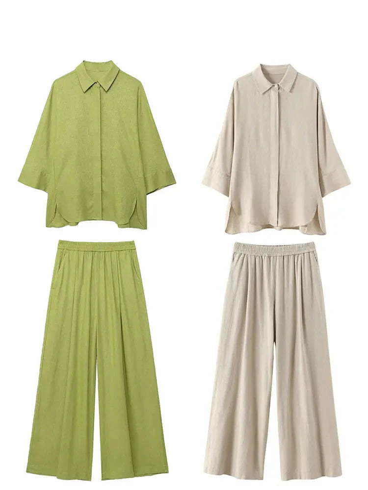 Casual Women's Solid Pant Set with Long Sleeve Blouse and Elastic Waist Trousers Fashion Streetwear Outfit