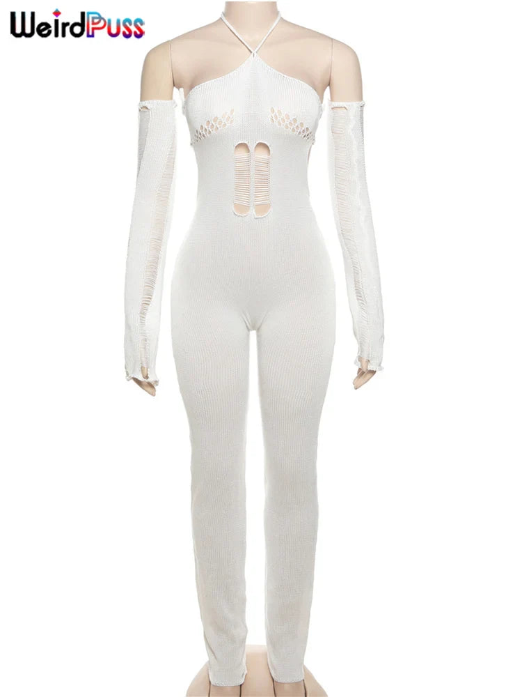 Weird Puss Bandage Knit Halter Jumpsuit with Gloves Women Stretch Sexy Backless Hollow Skinny Street Style Stacked Workout Overalls