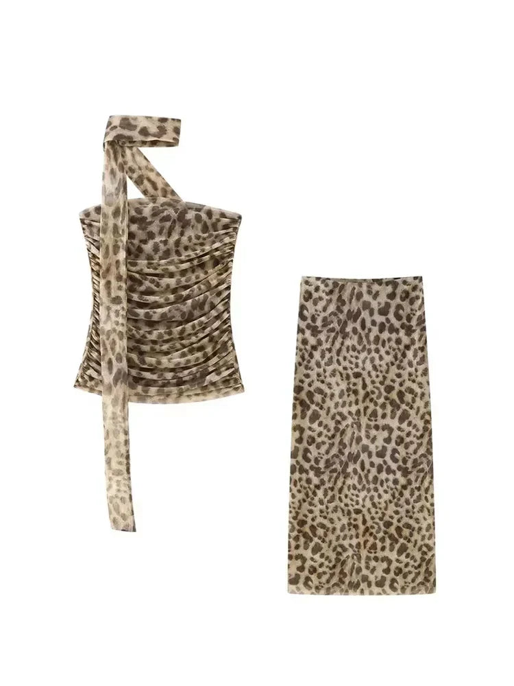 Strapless Leopard Print Tulle Draped Bustier Top with High Waist Long Skirt Two-Piece Set for Women Sexy Evening Outfit