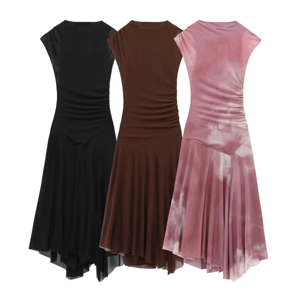 Pleated Silk Mesh Dress With Round Neck For Spring Summer