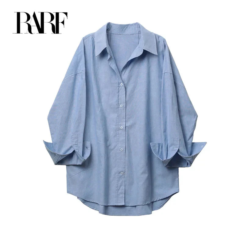 Women's Loose Fit Oxford Long Sleeve Shirt with Lapel Collar Elegant Vintage Blouse for Office and Fall Wear