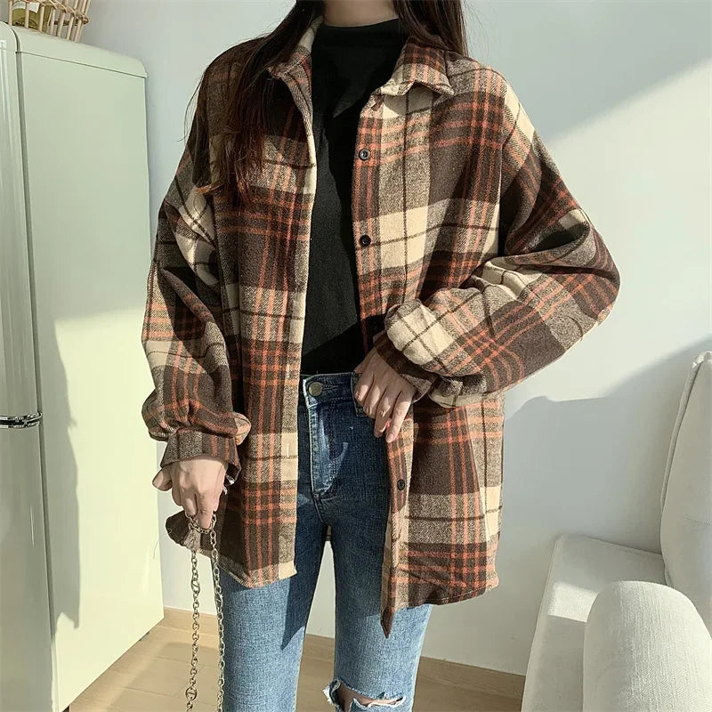 Women's Oversized Plaid Flannel Shacket Button Down Long Sleeve Check Shirt Jacket Cozy Fall Winter Layering Top