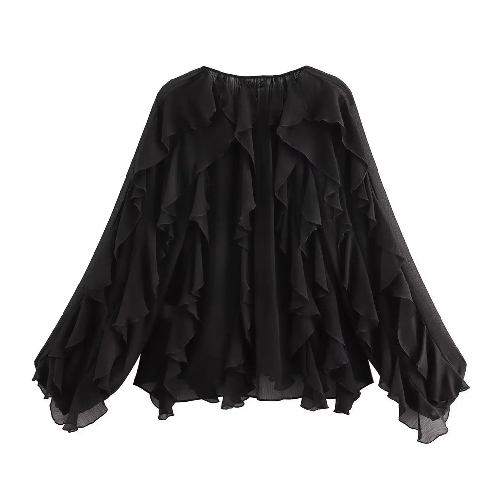 Sexy Translucent Ruffle Blouse for Women V Neck Single Breasted Tiered Casual Beach Shirt