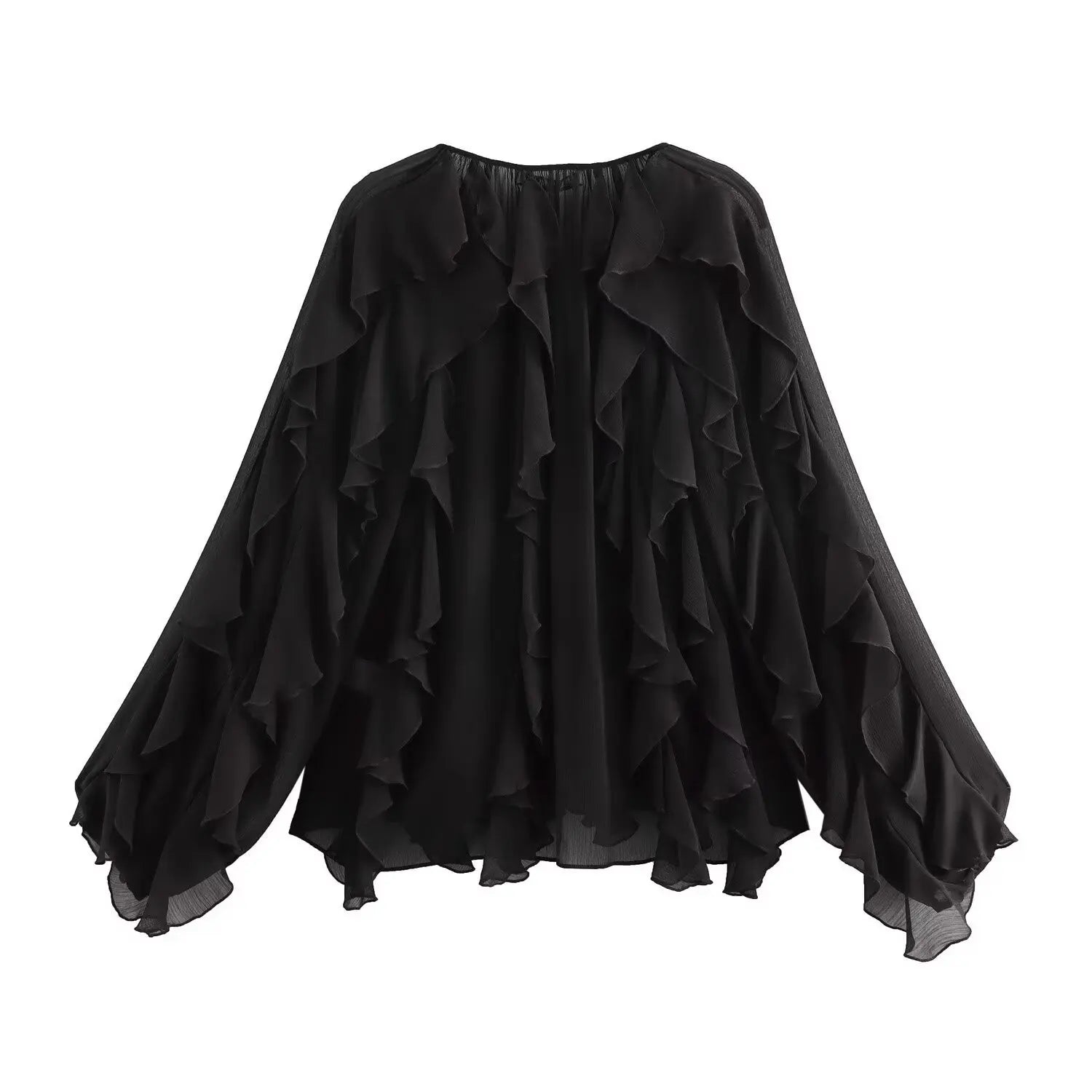 Sexy Translucent Ruffle Blouse for Women V Neck Single Breasted Tiered Casual Beach Shirt