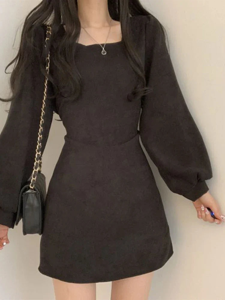 Women Square Collar Mini Dress Summer Sundress Chic