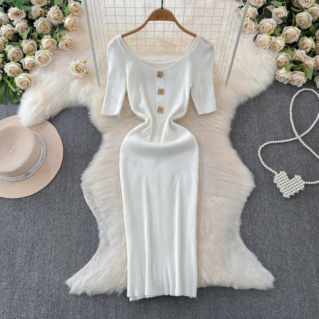 Knitted Bodycon Dress Women Square Collar Summer Long Dress