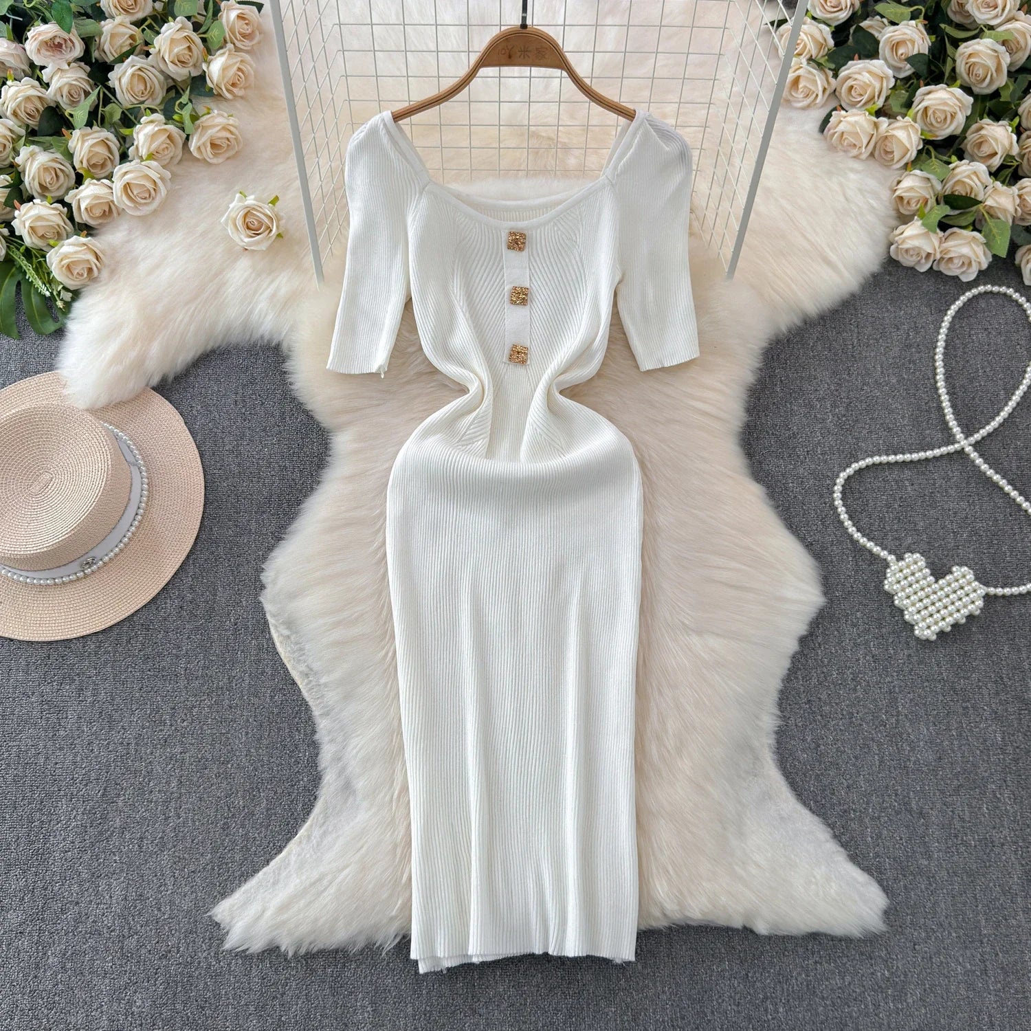 Knitted Bodycon Dress Women Square Collar Summer Long Dress