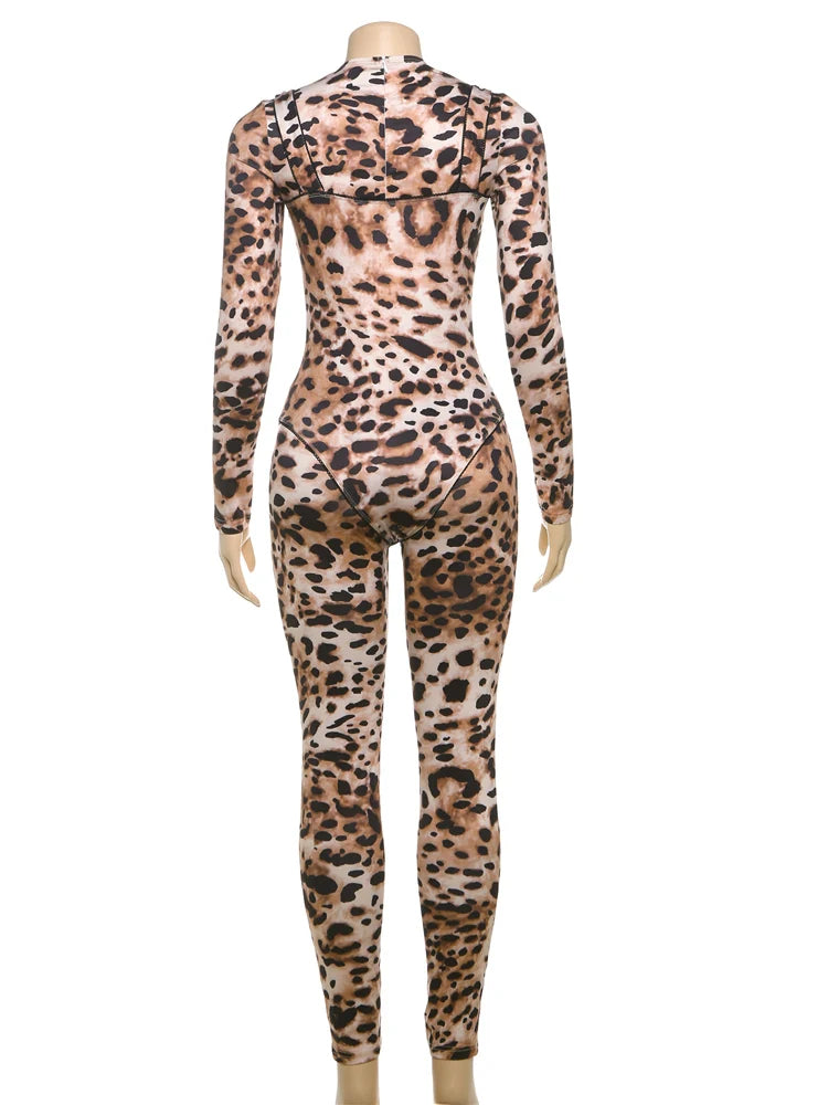 Leopard Print Women's Full Sleeve Zip Jumpsuit Skinny Stretch Fitness Workout Streetwear Overalls