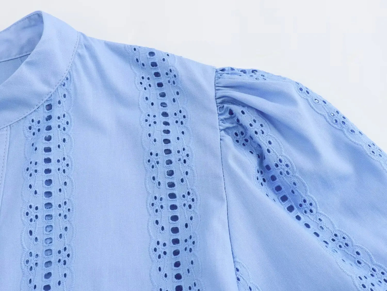 Loose Lace Up White Shirt for Women Elegant Hollow Out Embroidered Puff Sleeve Cropped Top