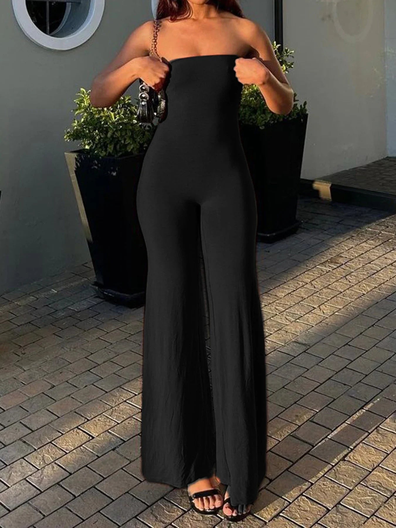 Black Strapless Elegant Long Jumpsuit for Women Slim Fit Wide Leg Flared Rompers Stylish Vacation Overalls