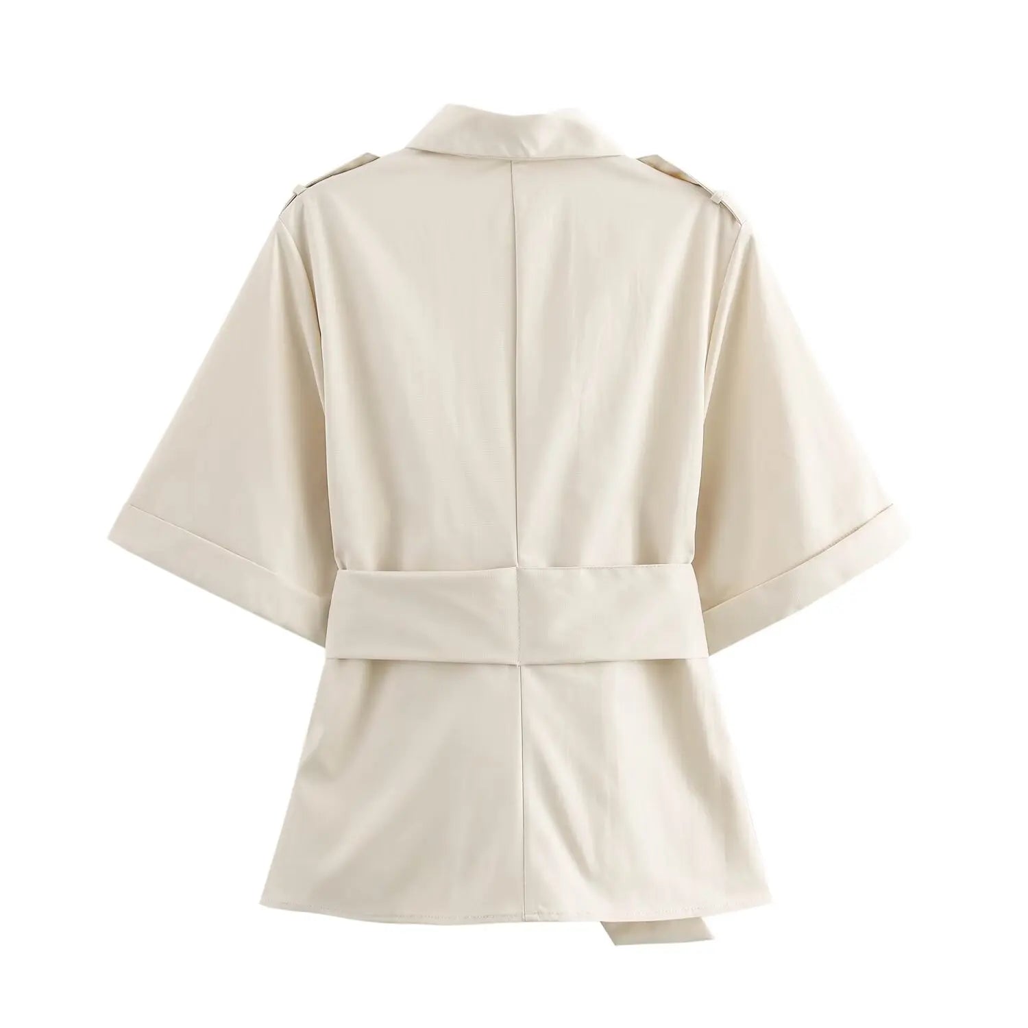 Versatile Women's Slim Fit Short Sleeve Lapel Shirt with Decorative Belt Strap and Curling Detail