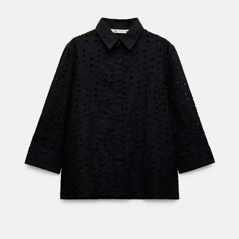 Women's Autumn Hollow Embroidery Poplin Lapel Single Breasted Shirt Stylish Slim Fit Office Casual Blouse