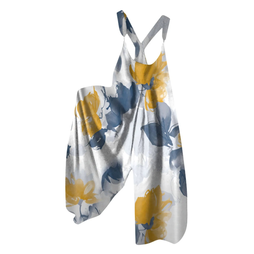 Wide Leg Sleeveless Overalls for Women Casual Loose Fit Jumpsuit with Retro Print Metal Buttons Long Pants Romper with Functional Pockets