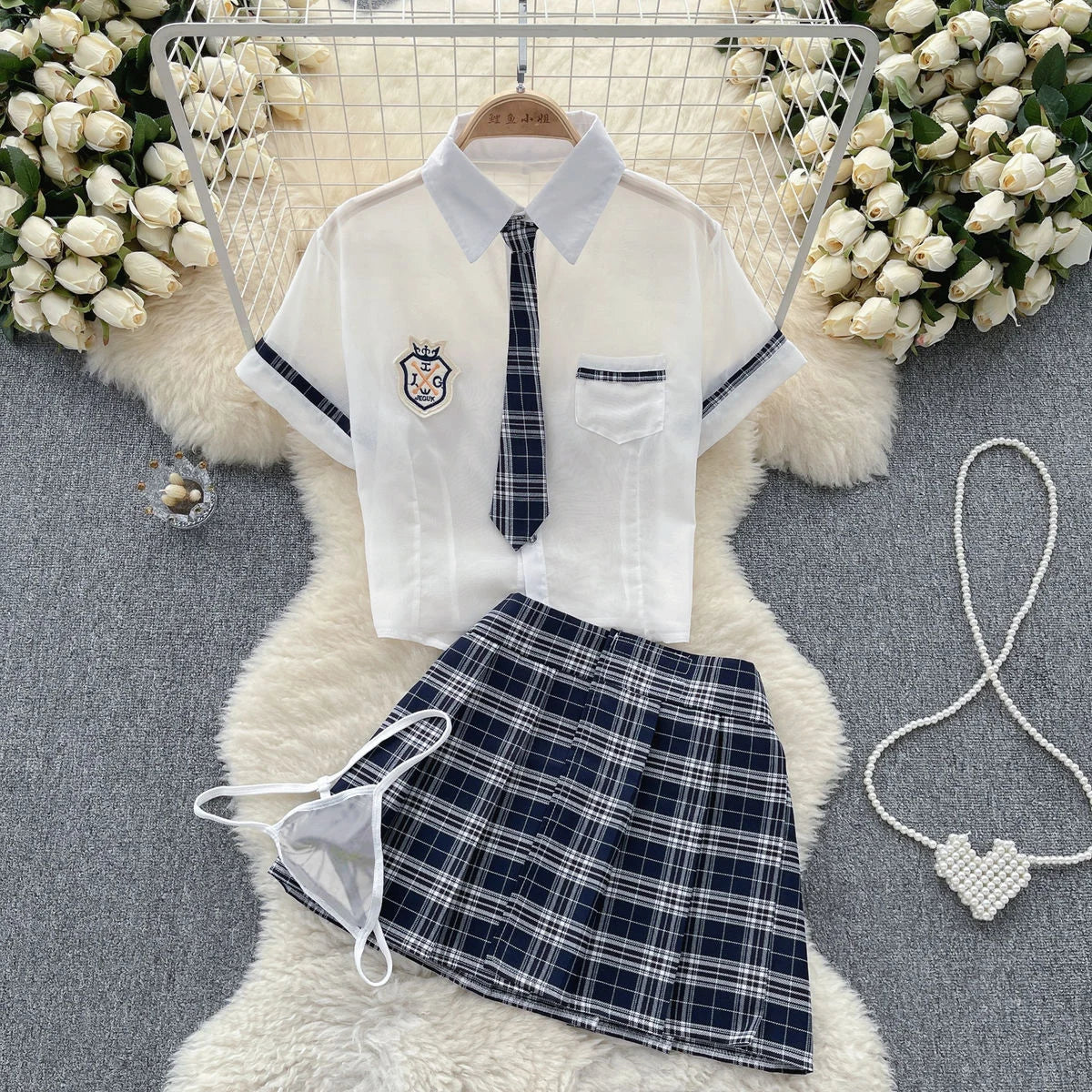 Sexy Preppy Style JK Set for Women Polo Neck See-Through Crop Top Plaid Pleated Short Skirt Student Cosplay Outfit