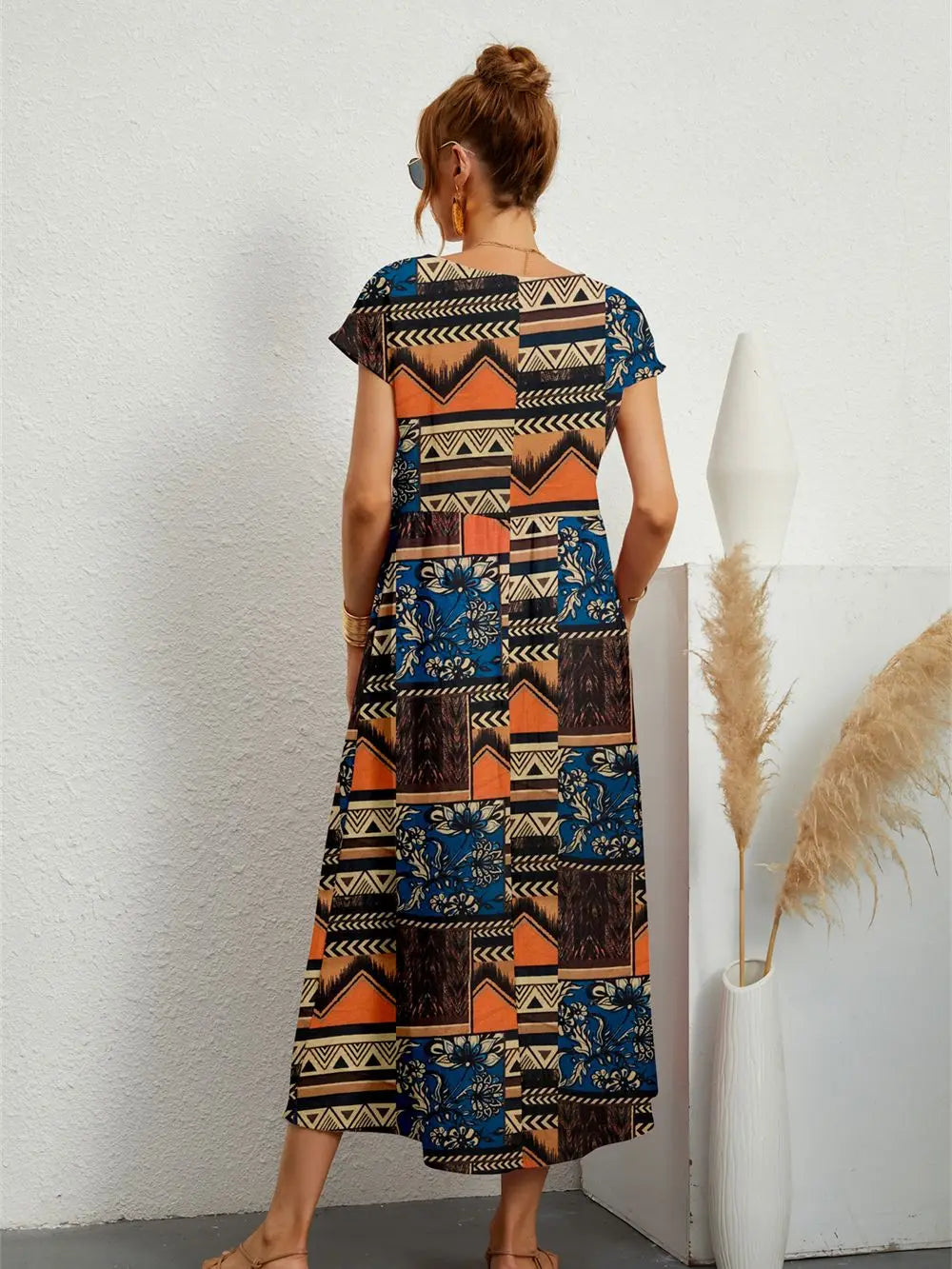 Women's Summer Casual Dress With Pockets Short Sleeve Print