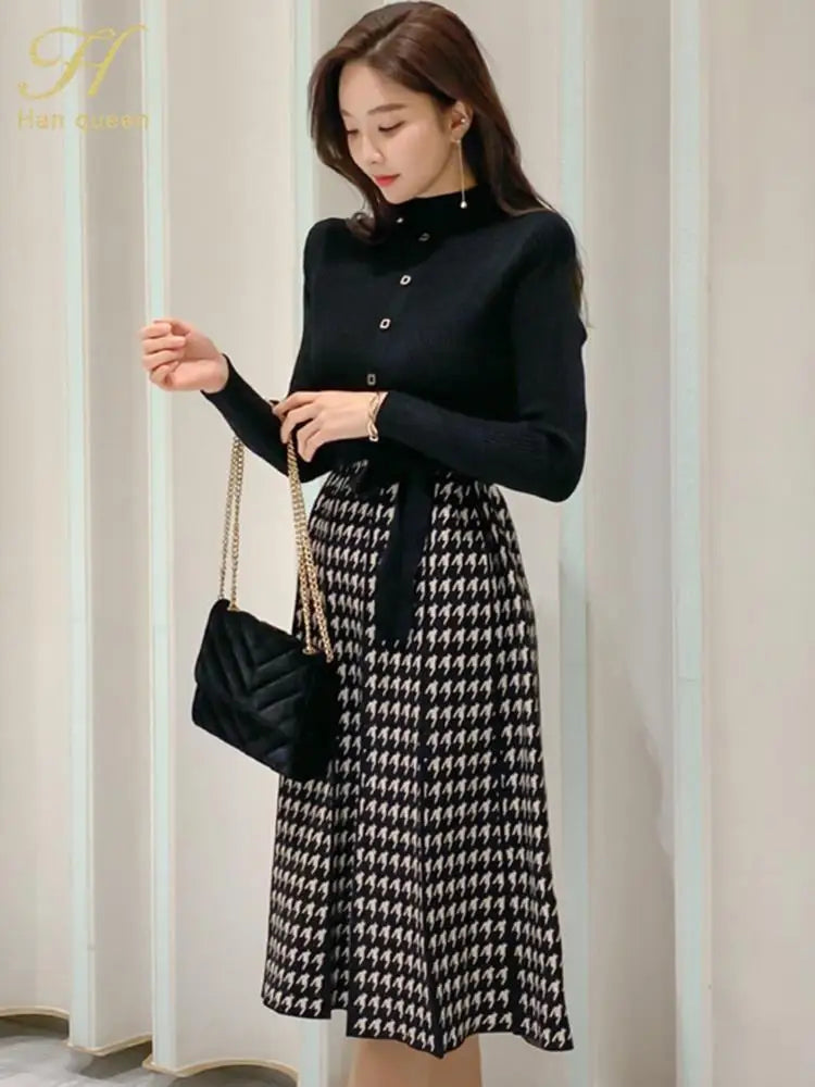 Winter Houndstooth Knit Dress Color Block Office Wear