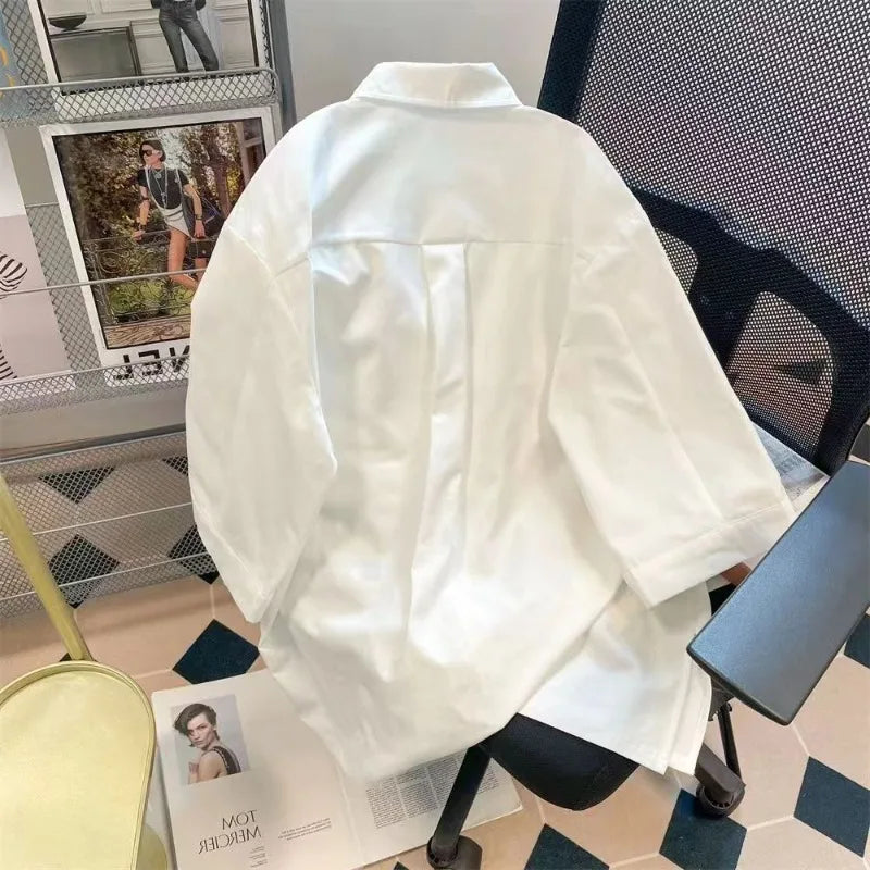 Women Short Sleeve Lapel Shirt Hollow Out Patchwork Blouse Loose Waist Casual Chic Poly Blusa