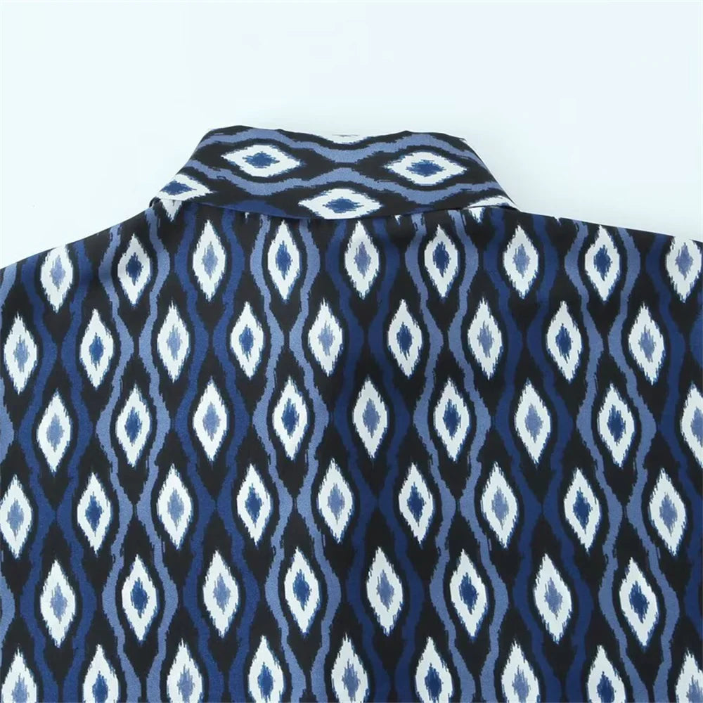 Women's Geometric Pattern Printed Shirt and Pants Set with Long Sleeve Top and Stylish Trousers