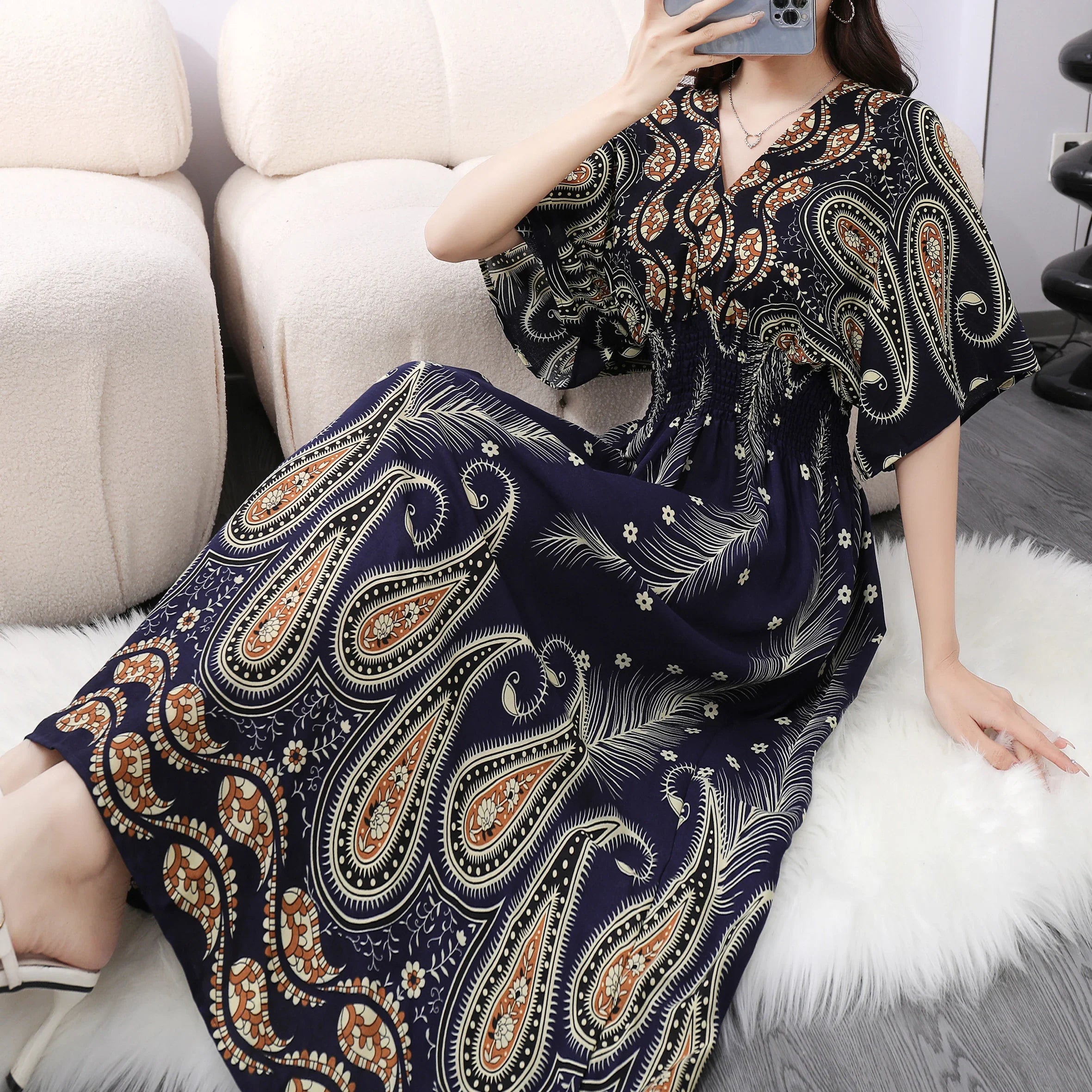Chic Womens V Neck Vintage Boho Print A Line Dress Style