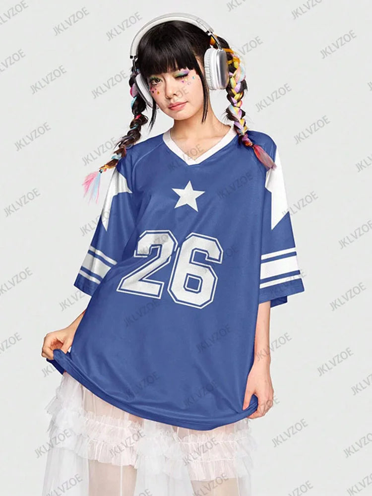 Oversized V-Neck T-Shirt For Women Casual Red Patchwork Short Sleeve Football Jersey Y2K Summer Tops