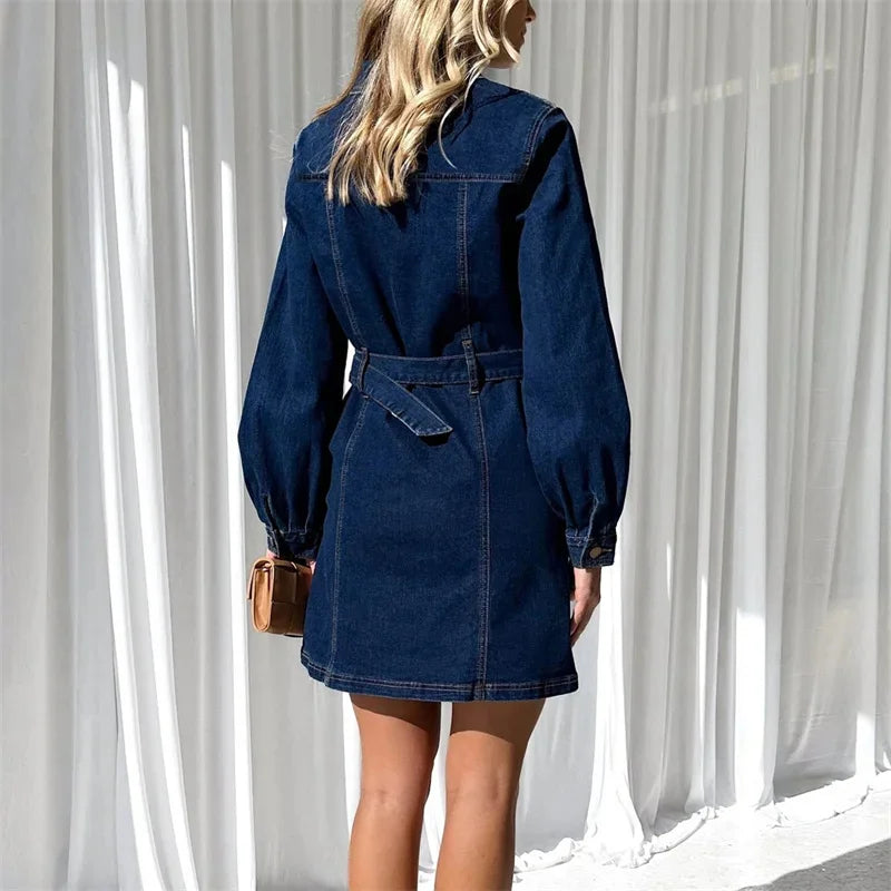 Patchwork Denim Dress With Double Pockets High Waist