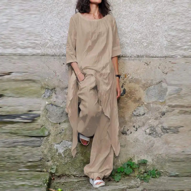 Casual Loose Cotton Linen Top with Irregular Hem and Elegant Loose Leg Pants Two Piece Set
