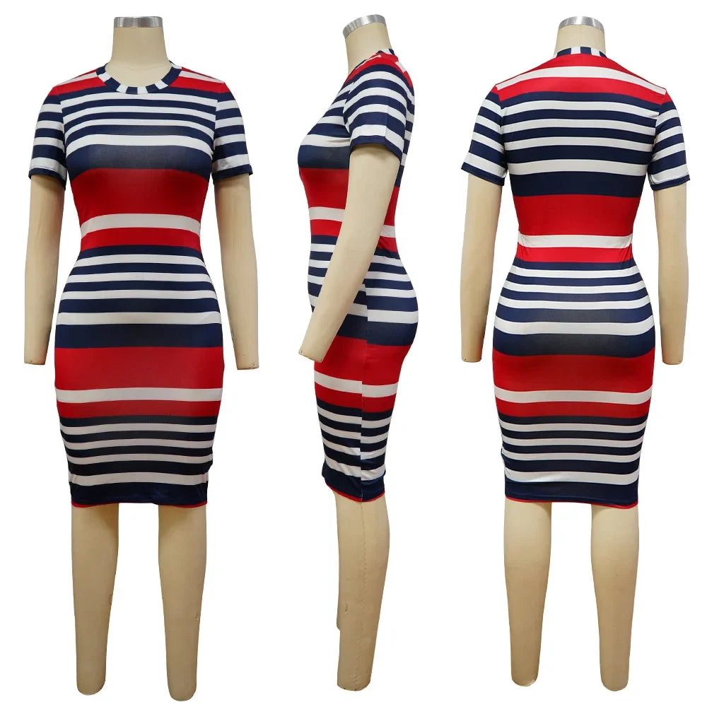 Summer Leaf Striped Print Bodycon Dress Knee Length