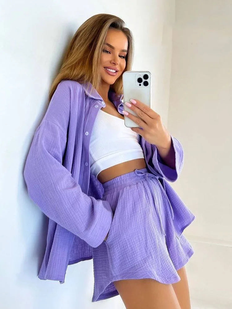 Colorful Plus Size Loose Fit Candy Color Two Piece Set with Blouse and Wide Leg Shorts for Summer and Spring