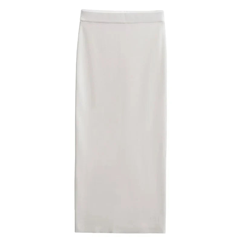 Women's 2 Piece Knit Skirt Set with Cropped Sleeveless Vest and High Waist Slim Fit Skirt in Solid Color with Gold Button Detail