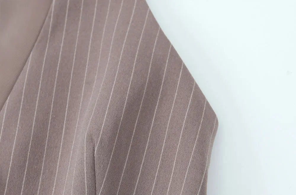 Women's Fashion Striped Two-Piece Set with Belted Waistcoat Top and Low Waist Pocketed Pants