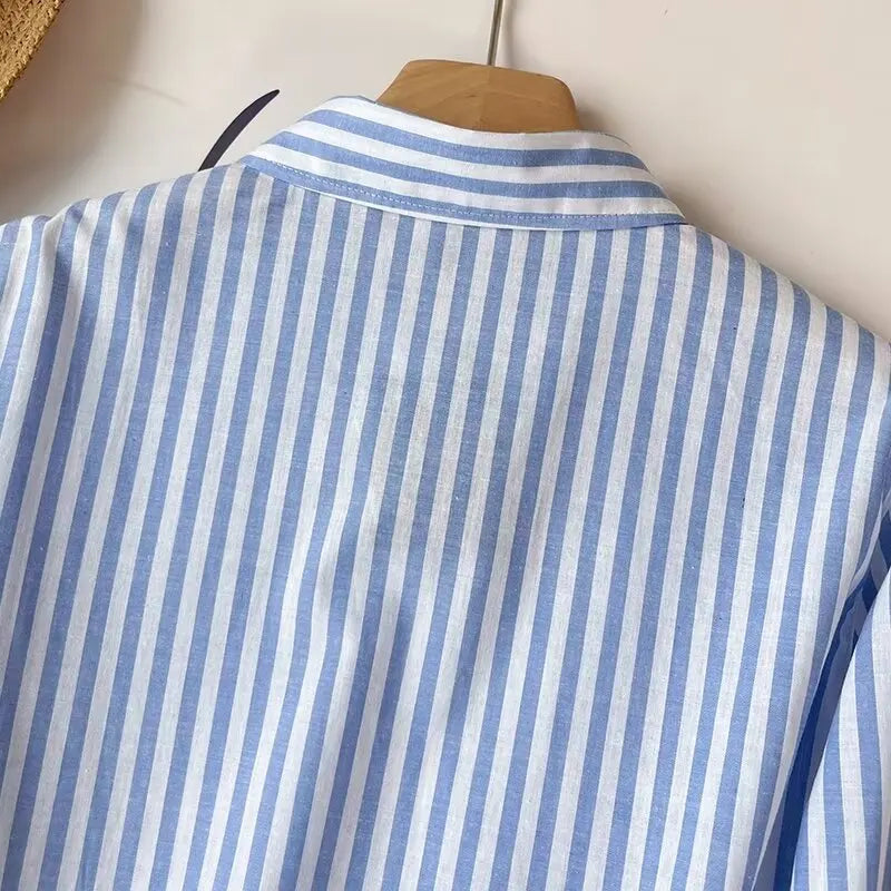 Women's Blue Pure Linen Striped Shirt Comfortable Casual Commuting Top Spring Autumn Lightweight Blouse