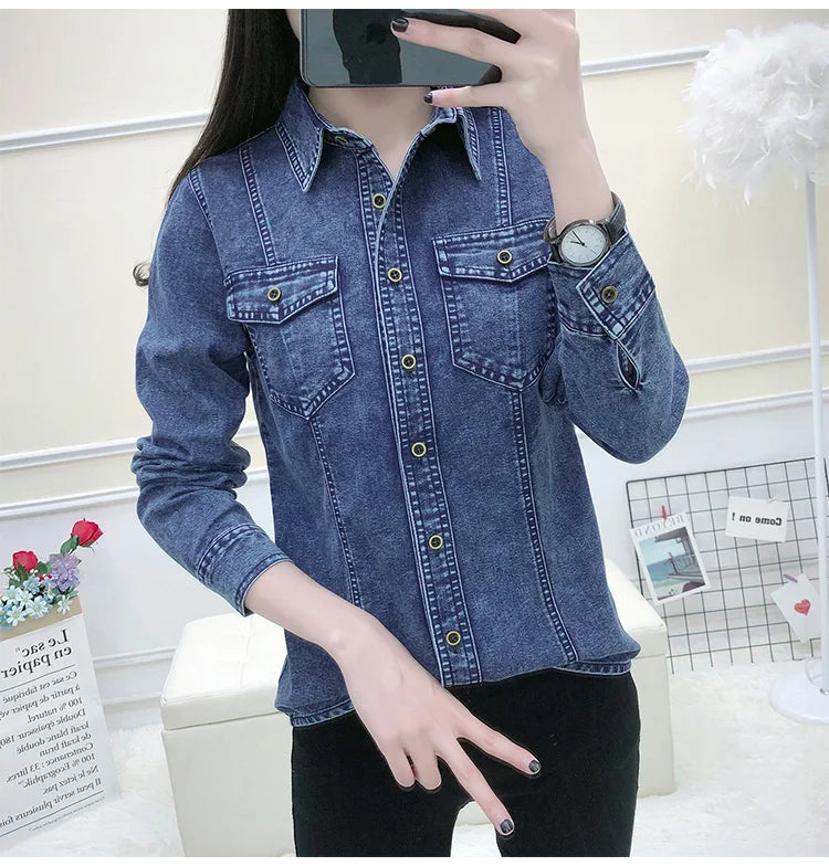 Women's High Quality Denim Shirt Long Sleeve Single Button Blouse with Pockets Casual Korean Style Autumn Winter Top