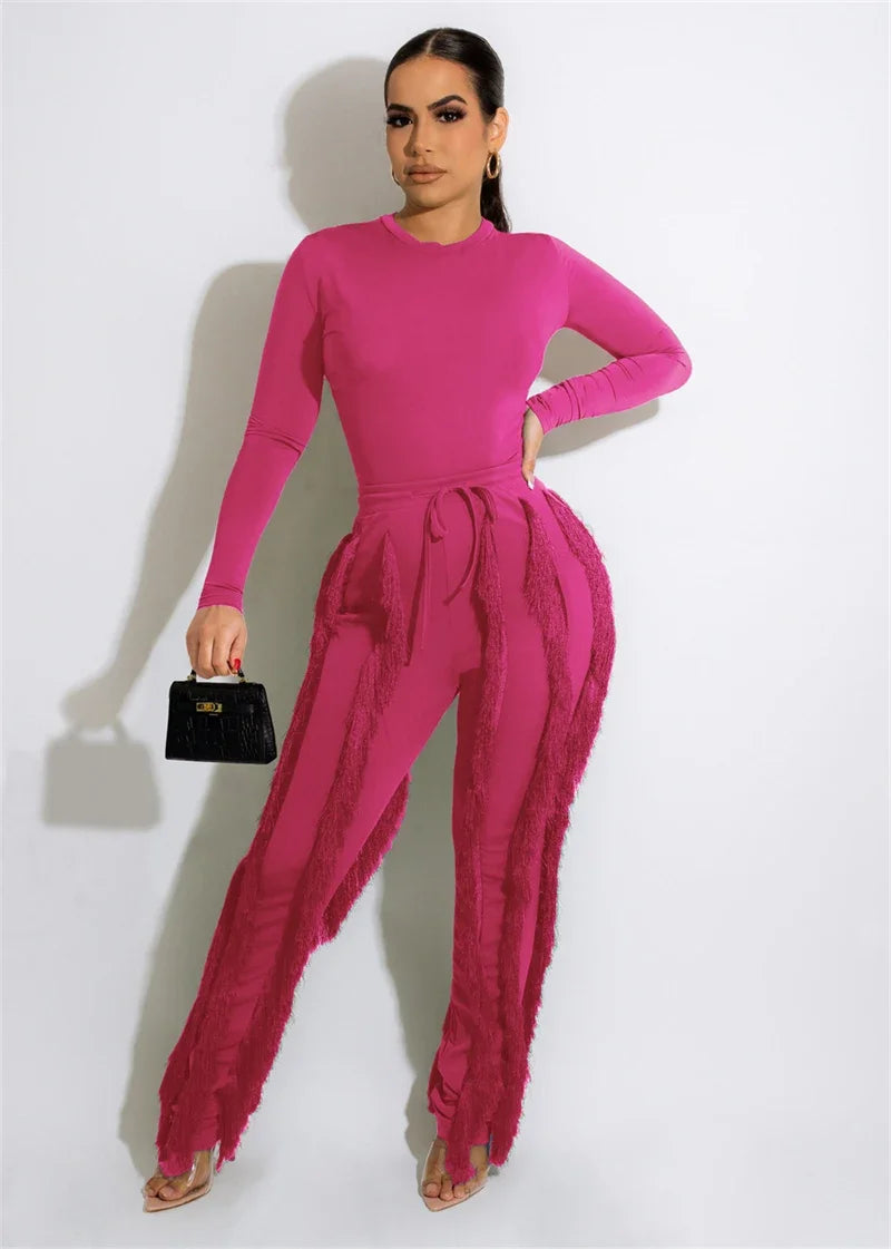Elegant 2 Piece Women's Outfit Long Sleeve Bodysuit Top and Tassel Pants Set for Autumn Winter