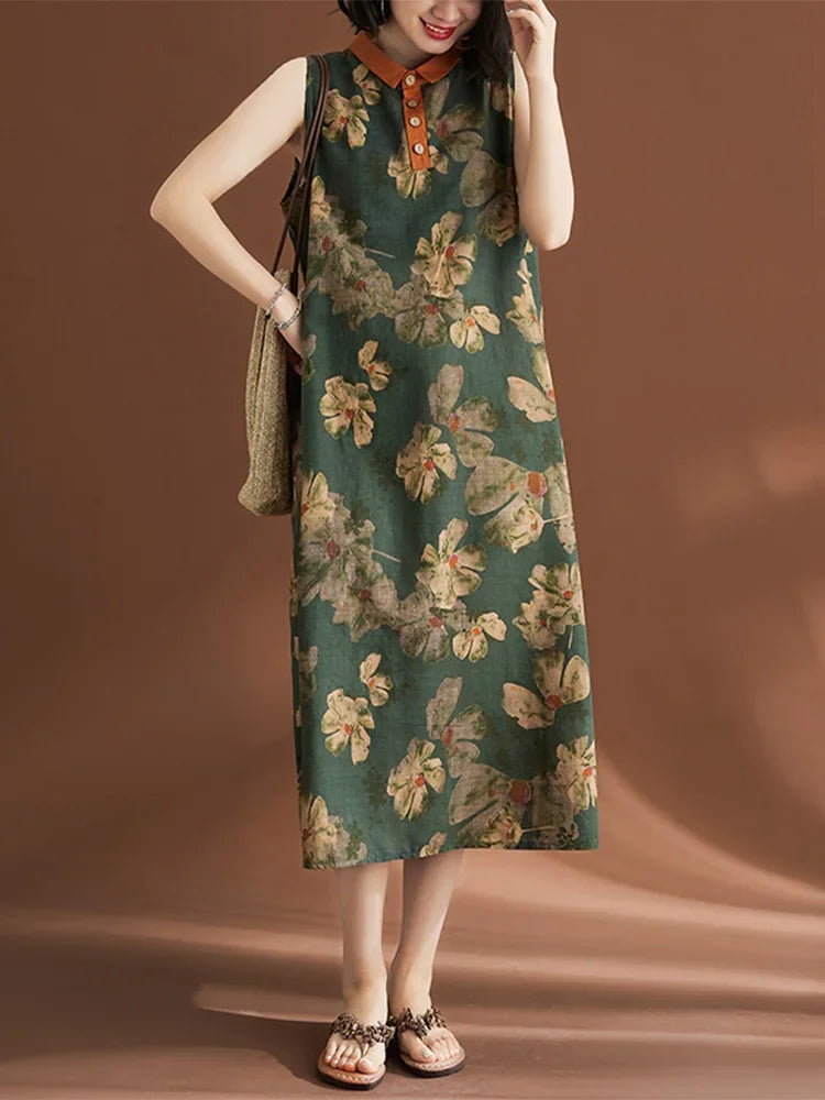 Printed Linen Sleeveless Dress for Women Summer Casual