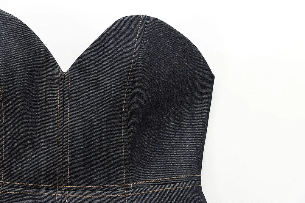 Women's Denim Jacket and Pants Set with Long Sleeve Blazer, Strapless Vest, and Straight Leg Jeans Fashion Outfit