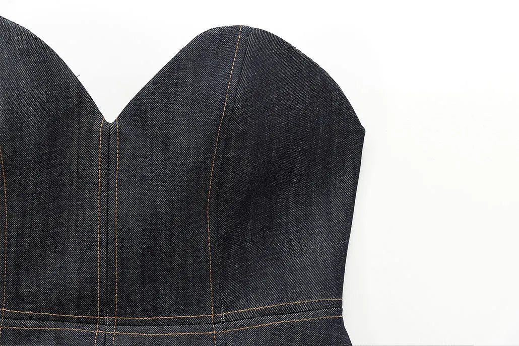 Women's Denim Jacket and Pants Set with Long Sleeve Blazer, Strapless Vest, and Straight Leg Jeans Fashion Outfit