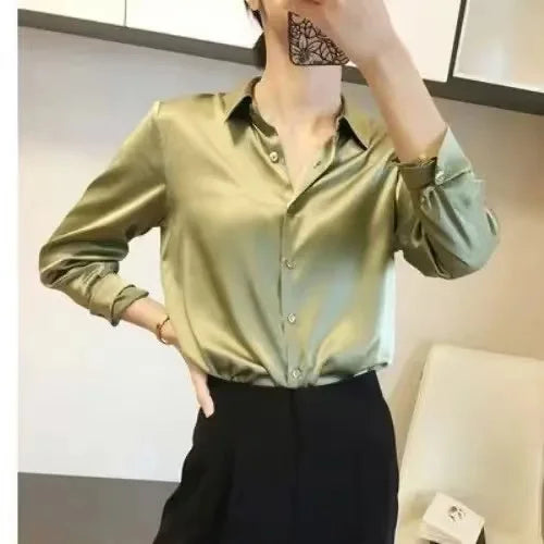 Elegant Satin Long Sleeve Women's Shirt Slim Fit Casual Office Blouse Stylish Autumn Top
