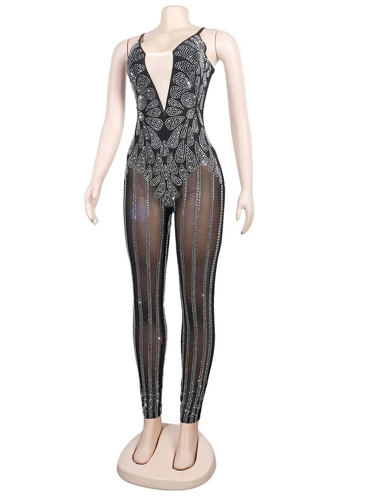 Women's Sparkle Black Rhinestone Spaghetti Strap Jumpsuit Sheer Mesh Sleeveless Crystal Romper Glam Clubwear