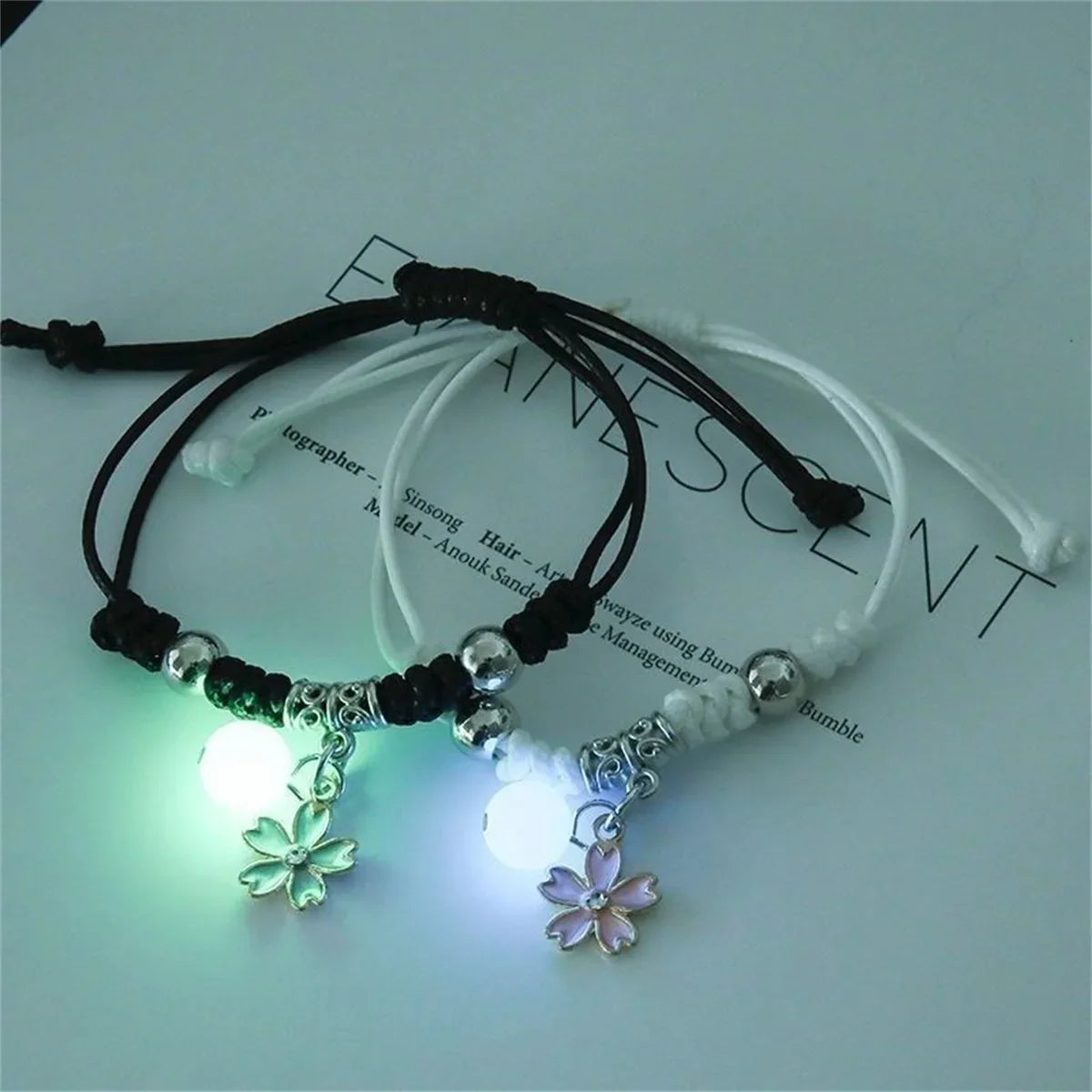 Luminous Beads Star Couple Bracelet for Women and Men Matching Friendship Jewelry with Cat Flower Heart Key Lock Cross Charms