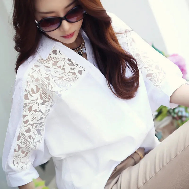 Sexy White Lace Patchwork Chiffon Button-Up Shirt for Women Casual Loose Half Sleeve Blouse Summer Top