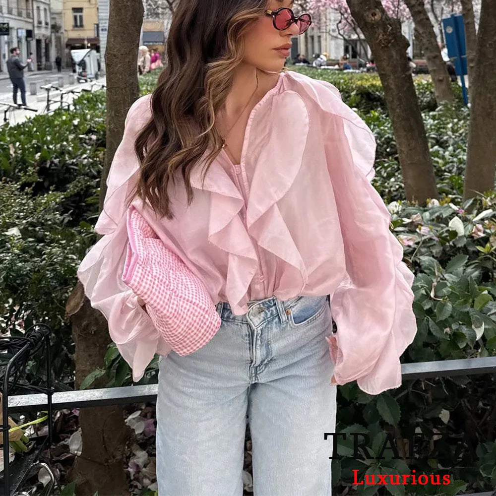 Burgundy Mesh Ruffle Blouse for Women Long Sleeve Sheer Loose Fit Elegant Party Top