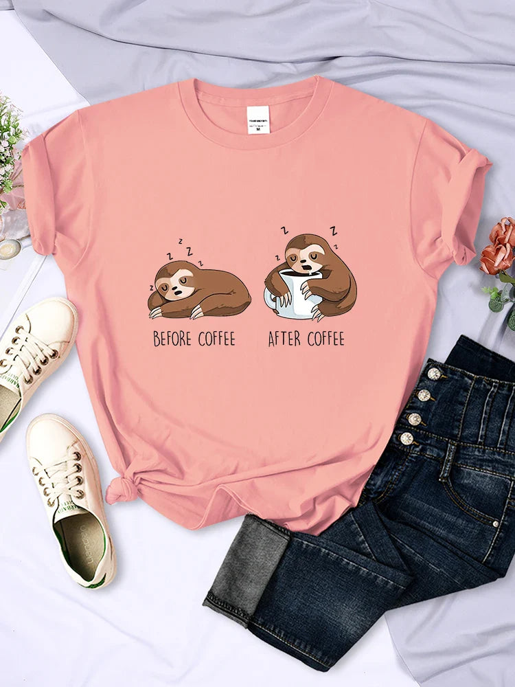 Before Coffee After Coffee Kawaii Sloth T Shirt for Women Casual Fashion Short Sleeve Breathable Tee