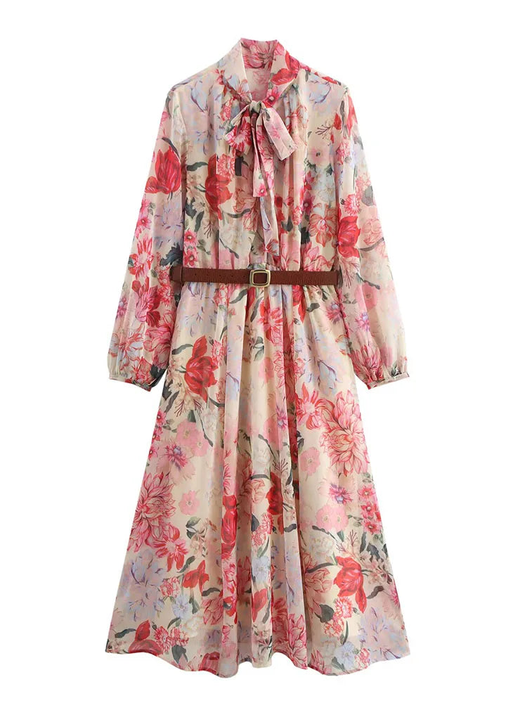Floral Print Midi Dress With Belt Bow Collar Long Sleeve