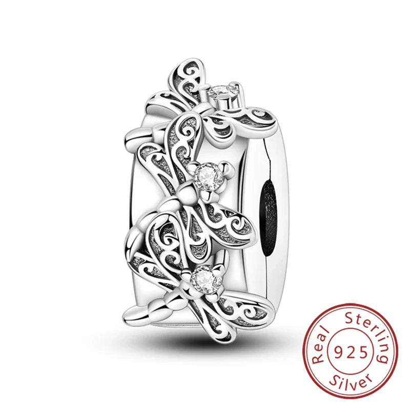 Fit Original 925 Sterling Silver Clip Charms with Zircon and Silicone Spacer Beads for Women DIY Bracelet Gift