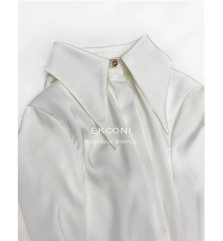 Elegant Turn Down Collar Satin Silk Blouse Vintage Button Closure White Lantern Sleeve Office Lady Shirt Chic Feminine Top
